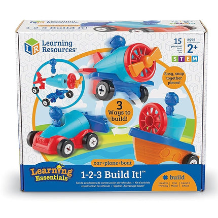Learning Resources 1-2-3 Build It! Car-Plane-Boat, Fine Motor Toy, Kids Building Set