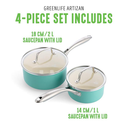 GreenLife Artizan Healthy Ceramic Non-Stick 14cm/1l and 18 cm/2l Saucepan Pot Set with Lids, Stainless Steel Handle, Induction, PFAS-Free, Oven Safe, Turquoise