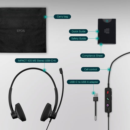 EPOS IMPACT 100 MS Stereo USB-C+A Headset with Microphone, Certified Microsoft Teams, Noise-Cancelling Mic, Lightweight, Call Control, USB Adapter, Soft Earpads, Professional UC Headphones