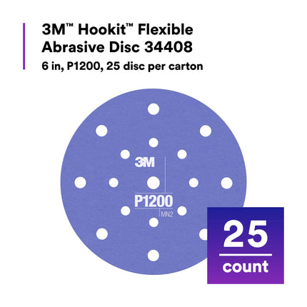 3M Hookit Flexible Abrasive Disc 34408, Clear Coat Sanding, Paint Finishing, Defect Removal, P1200, 6 in, 25 Discs/Carton