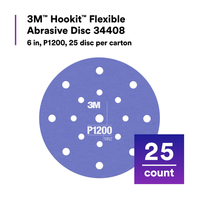 3M Hookit Flexible Abrasive Disc 34408, Clear Coat Sanding, Paint Finishing, Defect Removal, P1200, 6 in, 25 Discs/Carton