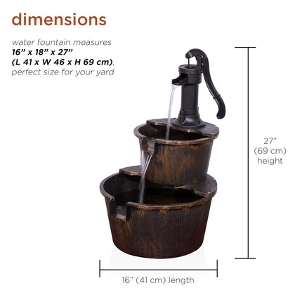 Alpine Corporation 27" Tall Outdoor Rustic 2-Tier Barrel and Pump Water Fountain with LED Lights – Garden, Patio, or Yard Decor, Bronze