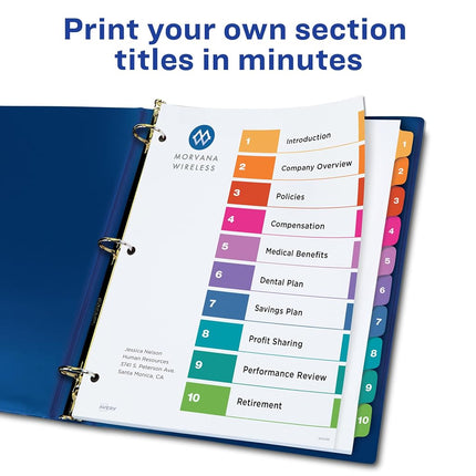 Avery 10 Tab Dividers for 3 Ring Binders, Customizable Table of Contents, Multicolor Tabs, 6 Sets (11188)