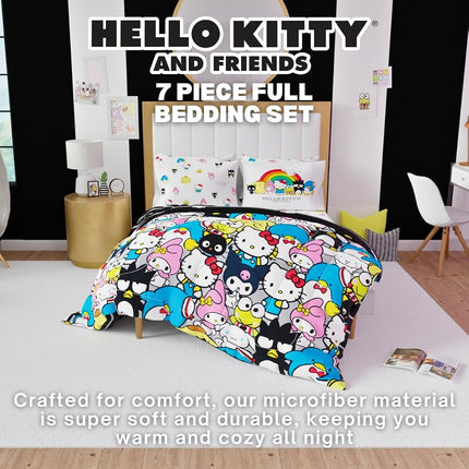 Parure de lit 7 pièces super douce Franco Collectibles Sanrio Hello Kitty & Friends avec couette et draps, avec taie d'oreiller, grand lit (produit 100 % sous licence officielle)