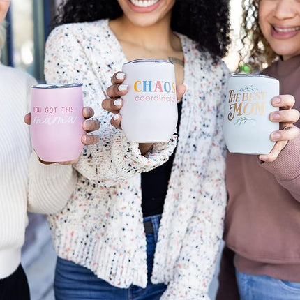 Pearhead “You Got This Mama” Wine Tumbler for Mom, 12 oz Insulated Stainless Steel Tumbler with Lid, Travel Coffee Mug for Women, Mother’s Day Gift, New Mom Gift, Stemless Wine Cup