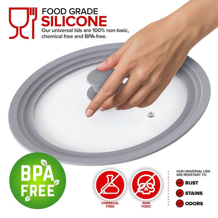Modern Innovations Universal Lids (Set of 2) Fits 7 to 12-Inch Cookware, Silicone Replacement Pan Lid, Glass Top Covers for Skillets, Pots, Frying Pans, Cast Iron - Grey