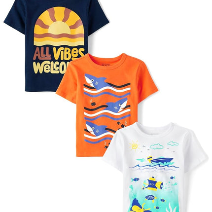 The Children's Place Baby Boys' and Toddler Animals Short Sleeve Graphic T-Shirts,multipacks, Sharks/Ocean Scene/Vibes Welcome 3-Pack, 4T