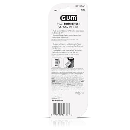 Gum Folding Travel Toothbrush, Compact Head + Tongue Cleaner, Soft Bristled Travel Toothbrushes for Adults, 2ct