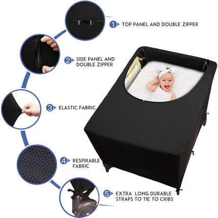 Dofilachy Blackout Cover for Pack N Play - Crib Blackout Cover Tent - Canopy Cover - Breathable Travel Crib Tent - Portable Stretchy Blackout Tent (Black)