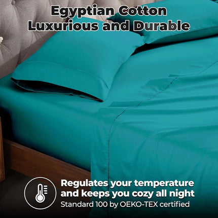 Superior 300 Thread Count Egyptian Cotton Sheet Set, Solid Bedroom Sheets, Bedding, Essentials, Home Basics, 1 Elastic Deep Pocket Fitted Bed Sheet, 1 Flat Sheet, 1 Pillowcase, Twin XL, Teal