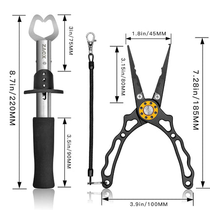 ZACX Fishing Pliers, Fish Lip Gripper Muti-Function Pliers Set,Braid Cutters Split Ring Pliers Hook Remover Fish Holder, Fly Fishing Tool, Fishing Gear, Fishing Gifts for Men, Black