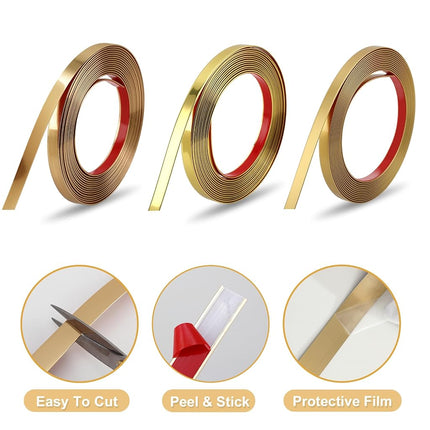 Soengsau Glossy Gold Finish Molding Trim, 393.6"L x 0.4"W Peel and Stick Decoration Strip for Ceiling, Wall, Tile Edge, Furniture Cabinet, Mirror