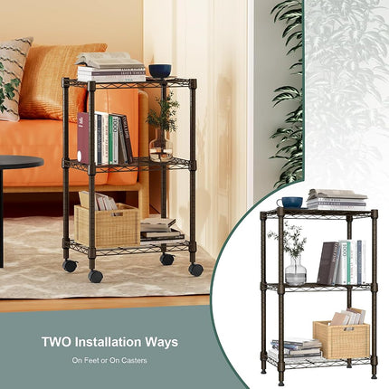 MZG 3 Tier Shelf Metal Storage Shelves Wire Rack Closet Organizers with Wheel for Garage Kitchen Bathroom Laundry Brown 11.8" D x 17.7" W x 29.8" H