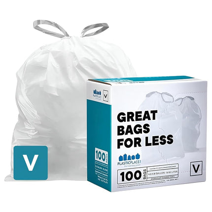 Plasticplace Custom Fit Bin Bags, Compatible with Code V (100 Count) White Drawstring Bin Liners 4.2-4.8 Gallon/ 16-18 Liter, 14.5" x 27.5"