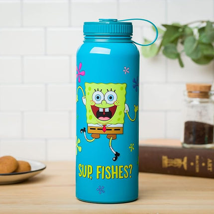 Silver Buffalo Spongebob Squarepants Sup, Fishes? Stainless Steel Water Bottle with Twist Lid, 42 Ounces