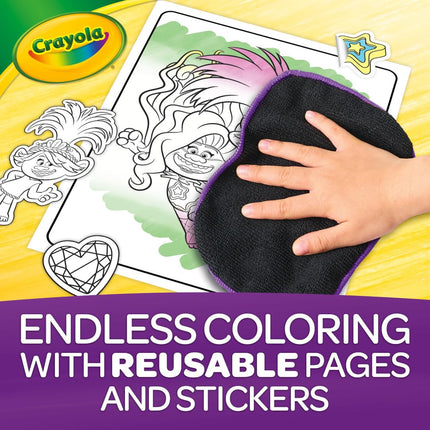 CRAYOLA Trolls Color & Erase Sticker Activity Pad, 12 páginas reutilizables para colorear de Trolls y 100 calcomanías, regalo