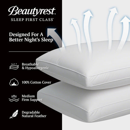 Beautyrest Goose Feather Down Fiber Gusseted Pillows, Hotel Pillow Luxury Bed Pillows, 100% Cotton Cover, King Size Set of 2