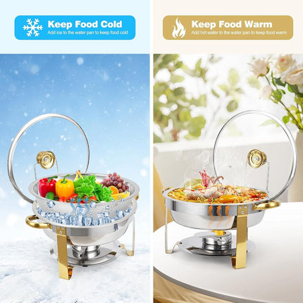 Chafing Dishes for Buffet Set of 2, 5QT Stainless Steel Buffet Serves and Warmers, Round Catering Food Warmers with Glass Lid & Lid Holder for Parties Gatherings Events Wedding Banquet, Gold