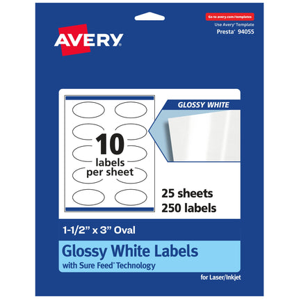 Avery Glossy White Oval Labels with Sure Feed, 1.5