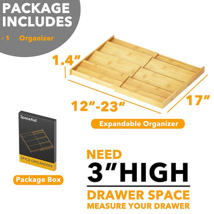 SpaceAid Bamboo Spice Drawer Organizer, (Need 3" Deep Drawer) Expandable 4 Tier Spices Rack for Cabinet, Kitchen Seasoning Storage Insert (Jars Not Included, From 12" to 23" Wide)