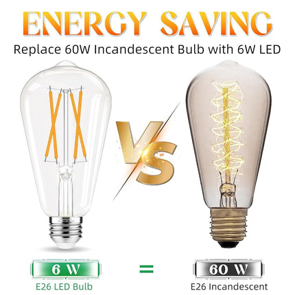 GvvooHome Edison Bulbs 60 watt LED Equivalent, Vintage Light Bulbs Non-Dimmable, 2700K Warm White, ST58 E26 LED Bulb, 90+ CRI, 6W 600LM, E26 Medium Base, Clear Glass, 12 Pack