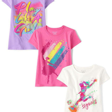 The Children's Place T-shirts graphiques à manches courtes pour fille, lots multiples, Ballerina/Goal/Play Like a Girl, lot de 3, taille M