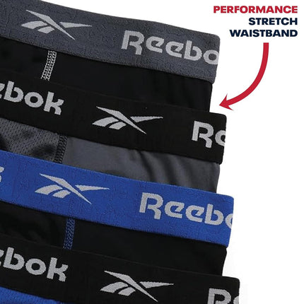 Reebok Mens Boxer Briefs - 4 Pack 6'' Inseam Stretch Performance Underwear Quick Dry Moisture Wicking Boxers, Black/Surf the Web/Black/Blackened Pearl, X-Large
