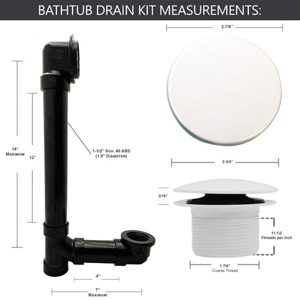 Westbrass 493144H-50 14" SCH. 40 ABS Bath Waste & Overflow Assembly with Tip-Toe Drain Plug and Illusionary Faceplate, White
