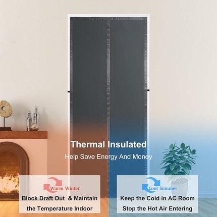 Magnetic Thermal Insulated Door Curtain,Upgraded-Fabric Durable Doorway Curtains,Temporary Door Insulation Cover Keep Warm Winter&Cool Summer,Dark Grey Fabric Door Window Insulation Kit for Winter