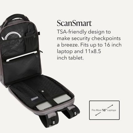 SWISSGEAR Travel Tech Elite USB ScanSmart Laptop Backpack Fits up to 16-Inch Laptop with TSA Lay-Flat for School & Trips, Grey Ballistic, 18-Inch