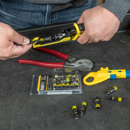Klein Tools 80151 Klein Tools 80151 Coax Cable Compression Crimper and Stripper Set with 10-Pack of RG6/6Q F-Connectors for Fast and Reliable Installation, 3-Piece