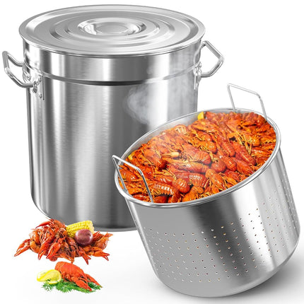 Olla de acero inoxidable de 36 cuartos para cocer mariscos con tapa, para cangrejo, langosta, camarones, con colador, olla para freír pavo, olla profunda para caldo, freidora para uso comercial en exteriores