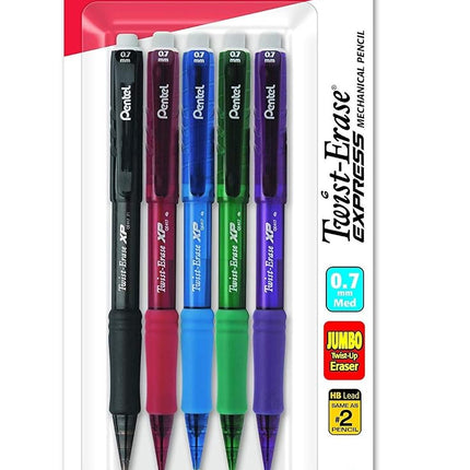 Pentel Twist-Erase Express Automatic Pencil, 0.7mm, Medium Line, Assorted Fashion Colors, 5 Pack (QE417FBP5M)