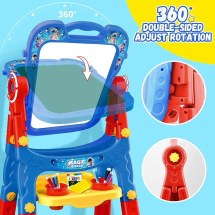 Art Easel for Kids - Adjustable Double-Sided Rotatable Magnetic White Board with Painting Accessories, Preschool Learning Toy for Boys 3-5 Years Old (Blue)