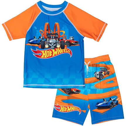 Hot Wheels Little Boys Raglan Pullover Swim Rash Guard Swim Trunks Blue 7-8