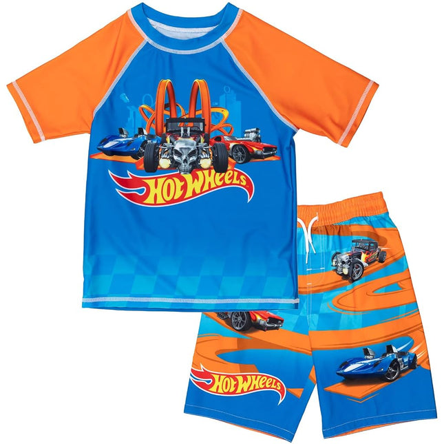 Hot Wheels Little Boys Raglan Pullover Swim Rash Guard Swim Trunks Blue 7-8