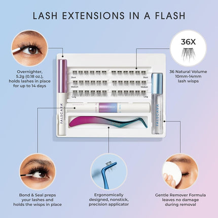 FALSCARA False Eyelash Clusters Special All Inclusive Starter Kit, Bond & Seal, Precision Applicator, Overnighter & Remover, 36 Lengthening 10mm-14mm Sporty Rounded Natural Volume Lash Extension Wisps
