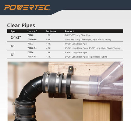 POWERTEC 70176V Clear PVC Dust Collection Pipe 2-1/2" x 36" Long, 1PK