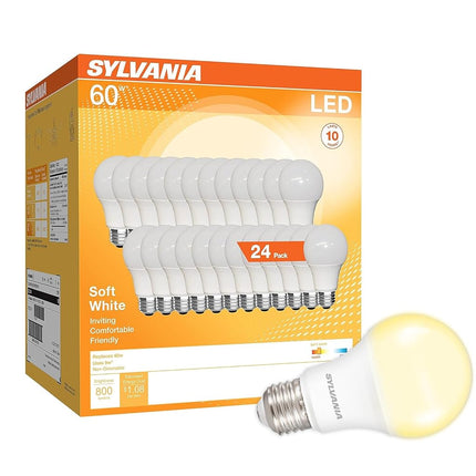 Bombilla LED Sylvania A19, equivalente a 60 W, eficiente 9 W, compatible con CEC, 10 años, no regulable, 2700 K, 800 lúmenes, 90 CRI, blanco suave - paquete de 24 (el paquete puede variar)