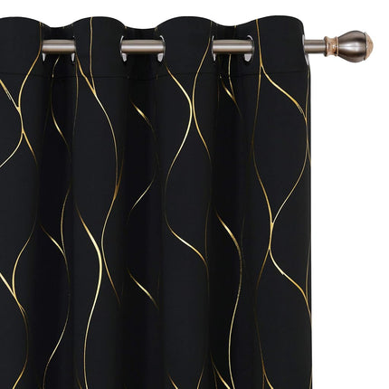 Deconovo Cortinas Opacas con Aislamiento Térmico y Estampado de Ondas Doradas para Oscurecer Habitaciones, Paneles Eficientes Energéticamente, Cortinas con Ojales para Puertas Corredizas de Vidrio, 52W x 96L Pulgadas, 2 Paneles, Negro