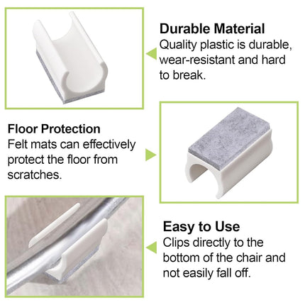 UFURMATE Chair Pads, 30pc Felt & Plastic Chair Leg Protectors, U-Shaped & Rectangle Tips for Round & Sled Base (18mm, White)
