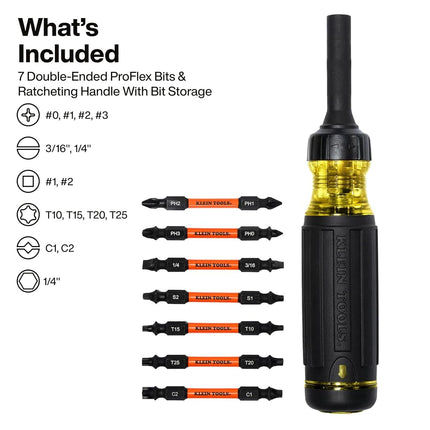Klein Tools 32315HD 15-in-1 Multi-Bit Ratcheting Screwdriver, Impact-Rated, 7 Double-Ended Proflex Torsion Zone Tips, 1/4-Inch Nut Driver, 8-Piece