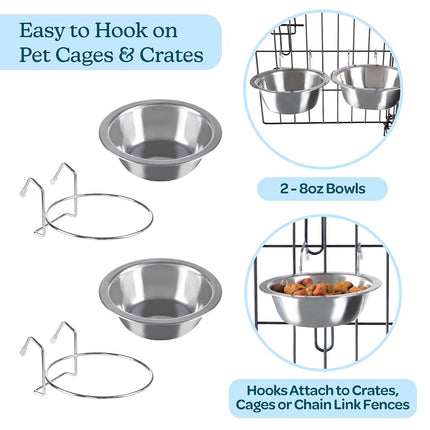 Set of 2 Stainless-Steel Dog Bowls - Cage, Kennel, and Crate Dog Bowls Hanging for Food and Water - 8oz Each and Dishwasher Safe by Petmaker