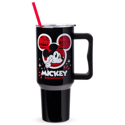 Silver Buffalo Disney Classic Mickey Mouse Hashtag Current Mood �#currentmood� Stainless Steel Tumbler with Handle and Straw, Fits in Standard Cup Holder, 40 Ounces