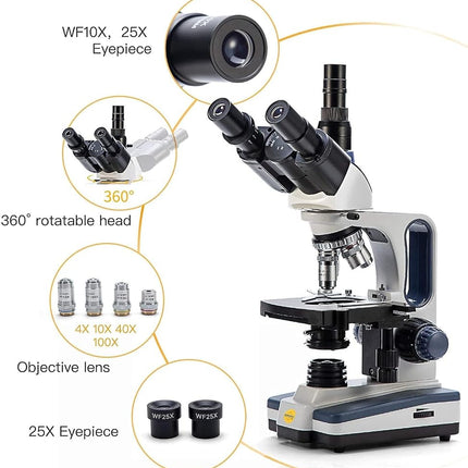 Swift SW350T Compound Trinocular Microscope,40X-2500X Magnification,Two-Layer Mechanical Stage,with 5.0 mp Camera and Software Windows/Mac Compatible and 5 PCS Prepared Slides and 5 PCS Blank Slides