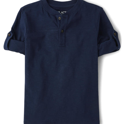 The Children's Place Boys' Long Sleeve Rolled Cuff Henley Shirt, Tidal Blue, Medium