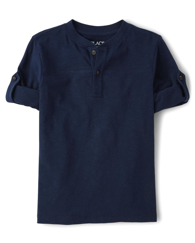 The Children's Place Boys' Long Sleeve Rolled Cuff Henley Shirt, Tidal Blue, Large