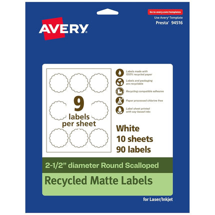 Avery EcoFriendly Matte White Recycled Round Scalloped Labels, 2.5" Diameter, Print-to-The-Edge, Matte White Labels, Permanent Label Adhesive, Laser/Inkjet, 90 Printable Labels
