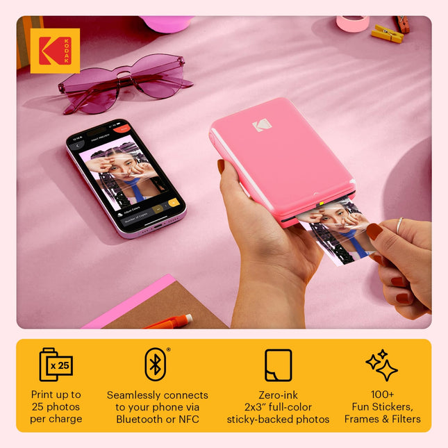 Imprimante photo instantanée KODAK Step avec Bluetooth/NFC, technologie Zink et application KODAK pour iOS et Android (rose). Imprime des photos 2x3" autocollantes.
