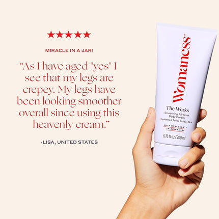 Womaness The Works Crema Corporal Alisadora Todo en Uno - Cuidado de la Piel para la Menopausia, Loción Corporal Hidratante y Tratamiento Tonificante para Piel Crepé - Crema Reafirmante con Niacinamida y Ácido Hialurónico (200ml)